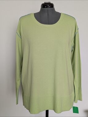 Soft Surroundings Pale Green Crewneck Sweater with Blue Trim
